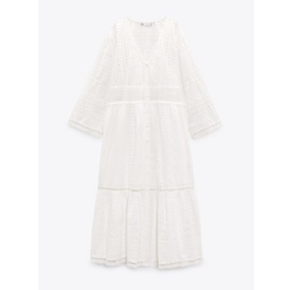 ZARA Openwork Embroidered Dress - Oyster White / XS